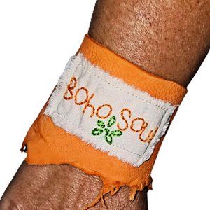 Wide Hippie Boho Soul Rustic Soft Orange Leather Cuff Bracelet Hand Embroidered